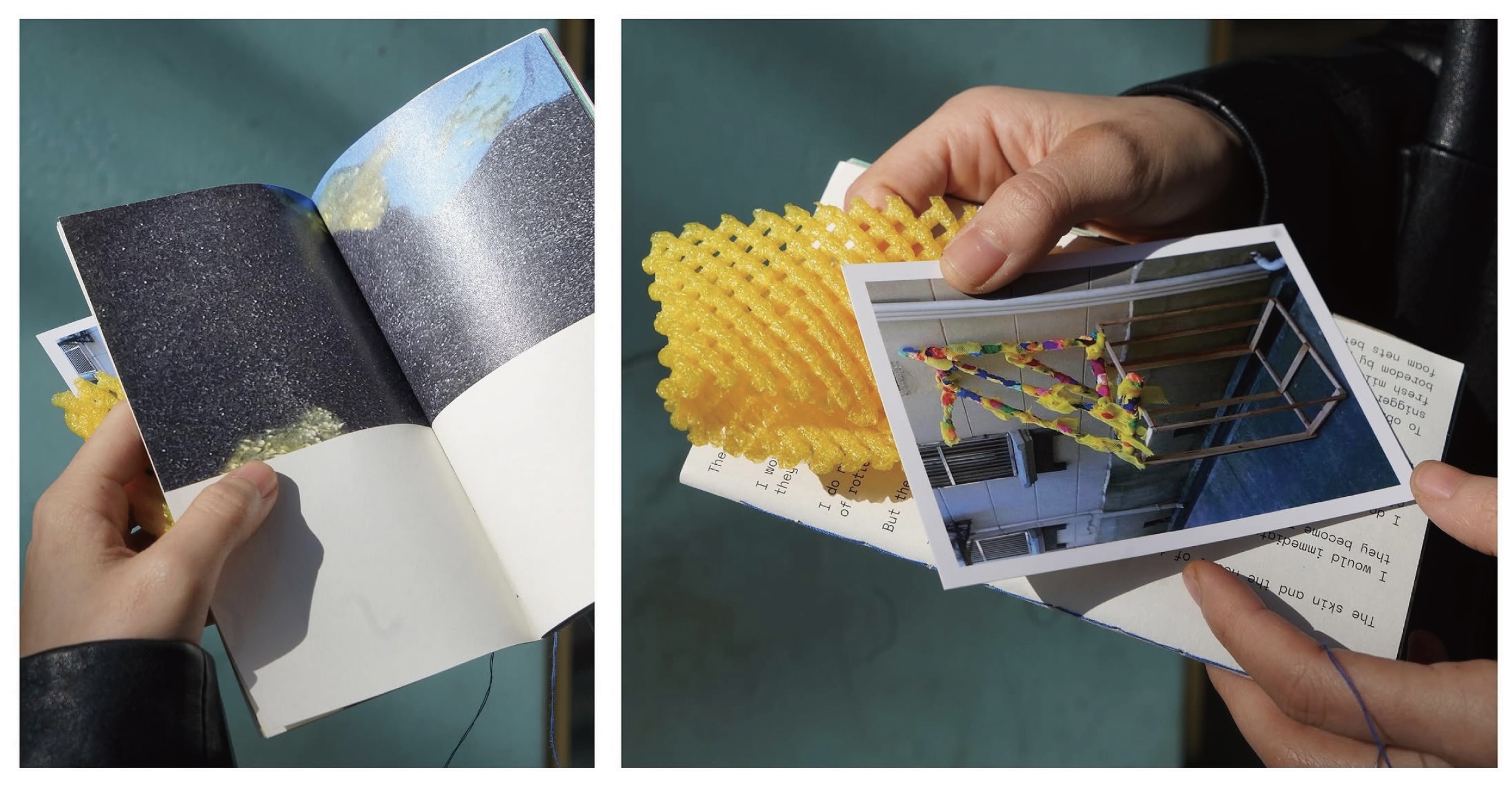 Hands holding an open zine; a yellow 3D-printed mesh net rests over a photographic insert of an outdoor installation.
