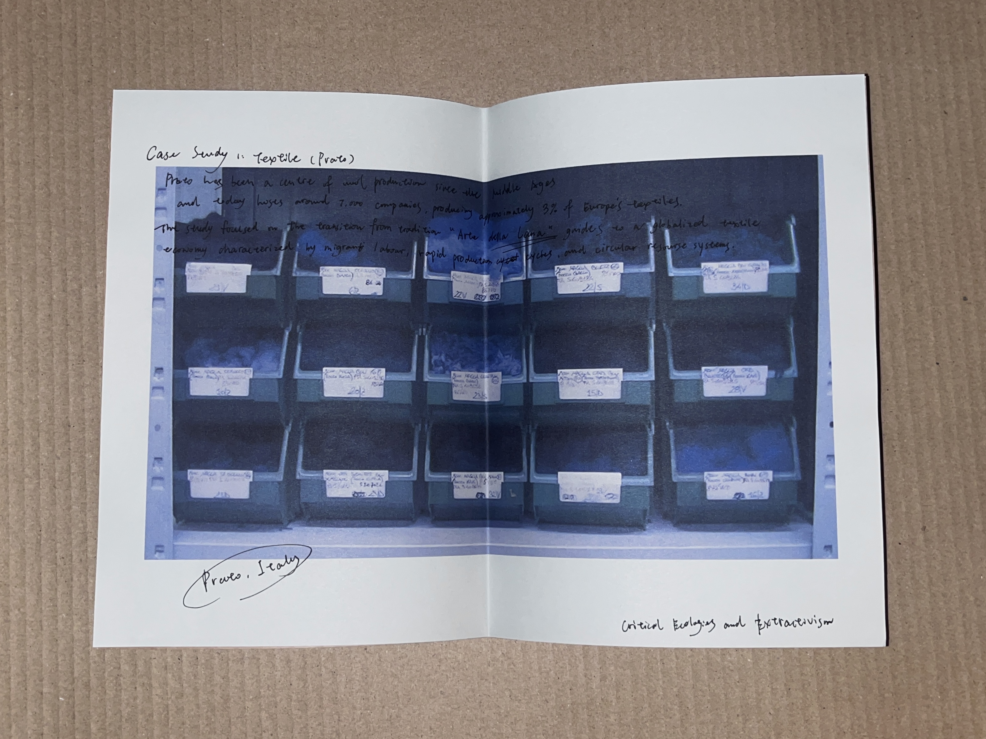 Zine spread for Case Study 1, Textile (Prato): a printed photograph of stacked crates of dyed wool under blue light, with handwritten field notes.